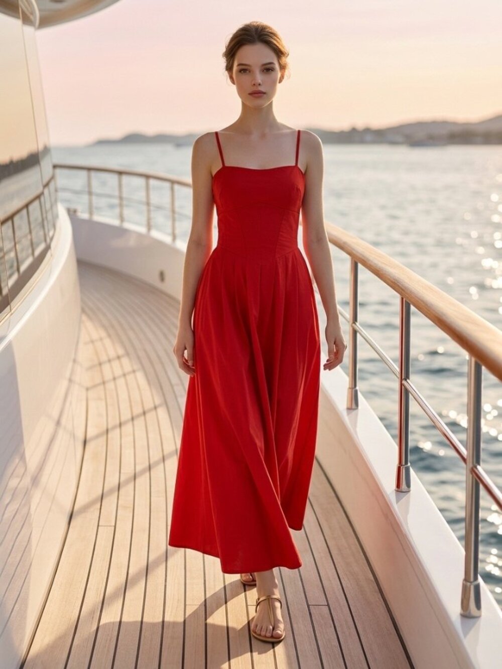 NWT Sim & Sam Red Cotton Midi Dress Smocked Back Pockets Size M